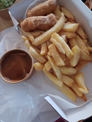 Had the old favourite, vegan battered sausage, chips and curry sauce at Sea & Earth in Nottingham