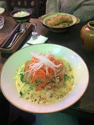 Vorne: Grünes Curry mit gebratenem „Hühnchen“ und hinten mit gebratener „Ente“   at Ngon Ngon 1970s in Cologne