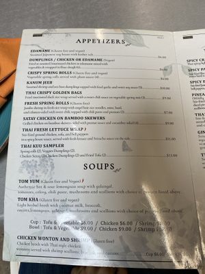 Menu first page with appetizers at Thai Kuu Restaurant in Philadelphia