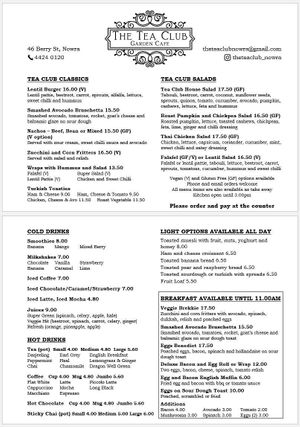 Menu at The Tea Club in Nowra