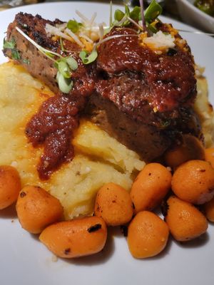 Meatloaf, mashed potatoes, and carrots at The Oasis Santa Rosa Beach in Santa Rosa Beach