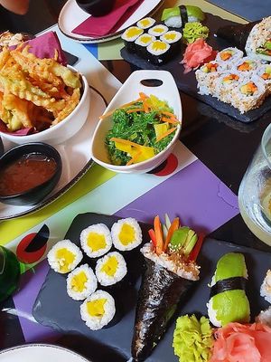 veg tempura, wakame and sushi plate
 at MOON Sushi & Fusion Food Bar in Belgrade