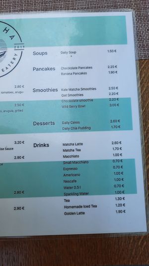 Menu drinks at Matcha Coffee and Eatery in Pristina