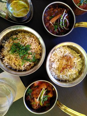 Pindi chickpeas (top right) and aloo gobi (bottom) at Spice Culture in Harrogate