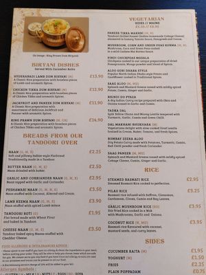 The vegetarian/vegan section of the menu (as of Aug 2021) at Spice Culture in Harrogate