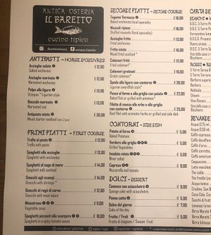 Menu; ‘V’ = vegan  at Il Baretto in Vernazza