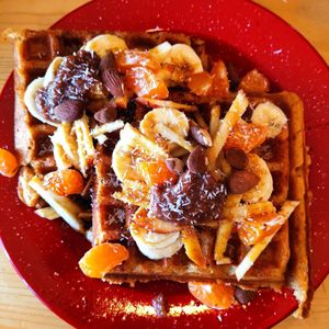 Our trade mark sweet potato waffle with fruits and jam! Vegan and gluten free! Yummy 😋 #Veganuary at Roots in Aljezur