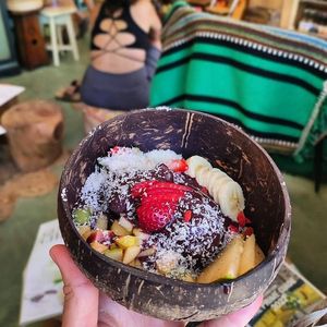 Acai with organic fruits and jam, w/ nuts! Thanks, Miguel Belo for the beautiful photos and review on Google! at Roots in Aljezur
