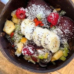 Açaí bowl with fresh organic fruits & organic granola & nuts!  at Roots in Aljezur