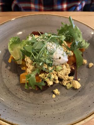 Carrot salmon and tofu scramble at Source in York