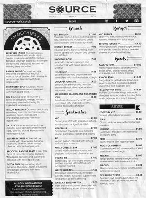 one side of the menu at Source in York