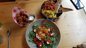 Cream stuffed pepper on rocket salad and Buddha bowl at Source in York