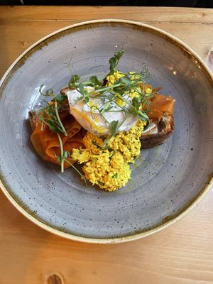 No salmon and tofu scramble on sourdough  at Source in York