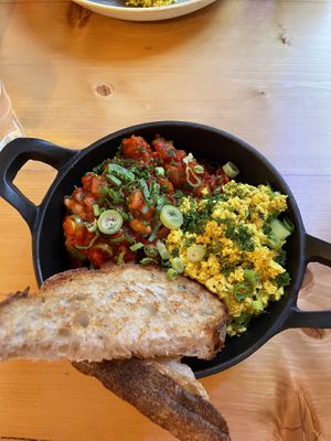 Shakshuka with tofu scramble and sourdough  at Source in York