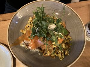 Tofu scramble with smoked ‘salmon’ ( carrots ) at Source in York