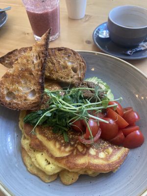 Chickpea omelette, black olive tapenade, avocado & detox smoothie 🤗  at Source in York