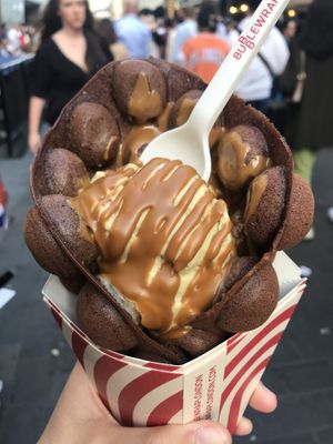 waffle with pistachio ice cream and lotus speculoos sauce  at Bubblewrap Waffle in London