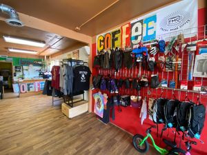 Bikes + coffee! at Bike Fiend in Moab