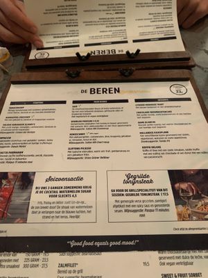 Menu at De Beren in Rotterdam