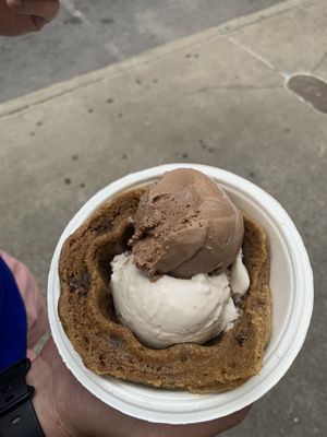 Pecan and chocolate ice cream scoops in a chocolate chip cone 🍪  at eighty7sweets Vegan Ice Cream Company in Atlanta