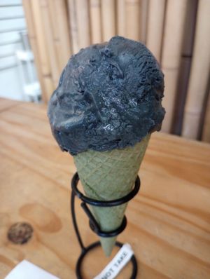 Wakanda ice cream on matcha cone at eighty7sweets Vegan Ice Cream Company in Atlanta