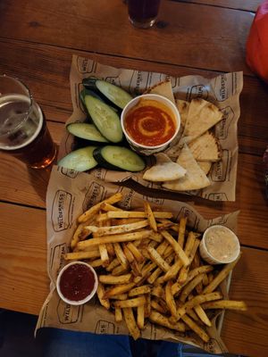 Red pepper hummus & vegan fries at Arizona Wilderness DTPHX in Phoenix