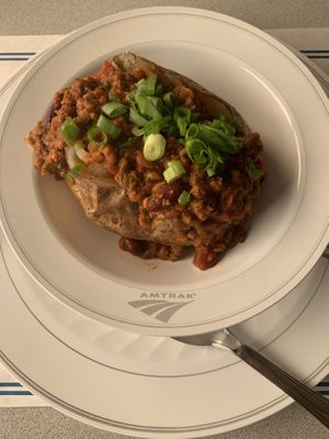 Vegan chili on a baked potato (Ca Zephyr Train)  at Sacramento Valley Station in Sacramento