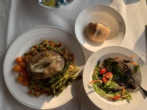 Ordered the salmon dinner with a baked potato instead of fish (Ca Zephyr Train) at Sacramento Valley Station in Sacramento