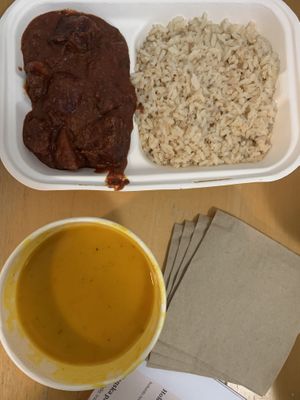 creamy hokkaido soup with coconut milk & beetroot curry, both vegan at Soupa in Bratislava