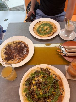 Top: Pannenkoeken Zwolle (vegetarian); Left: Pannenkoeken Haarlem (vegetarian); Bottom: Pannenkoeken Delft (vegan)  at Rond & Heerlijk - Dutch Pancake House in Dresden