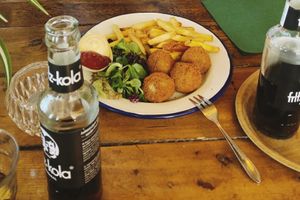 Vegan bitterballen with fries & salad   at Strandtent Het Puntje in The Hague