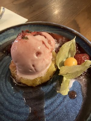Dessert caramelised pineapple and sorbet  at Kings Head in Richmond