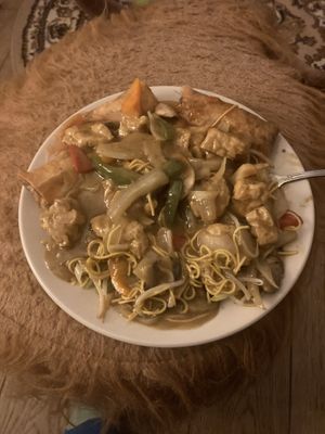 Looks like a mess but it’s satay tofu, veg noodles and spring rolls. Lovely!  at Vietnam in Swansea