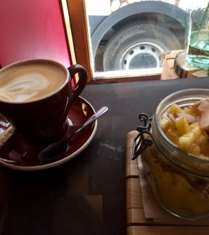 Oat Milk Latte & Chia Bowl for Breakfast at Olive et Gourmando in Montreal