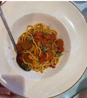 Spaghetti with tomatoes.  at Petrino in Corfu