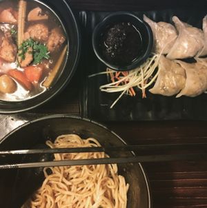 Vegetarian chicken mushroom noodle and vege poached dumplings. Possibly vegan but not 100% sure. No obvious egg or dairy ingredients.  at Life Cafe @ Padungan in Kuching