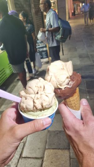 (All Vegan) Pistachio and hazelnut(left) hazelnut and chocolate (right) at Gelato Fantasy - San Giovanni in Venice