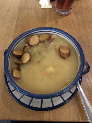 potato soup with tofu sausages  at Aha Cafe in Dresden
