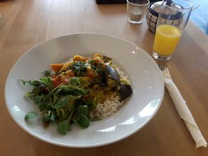 vegan eggplant curry with rice at Aha Cafe in Dresden