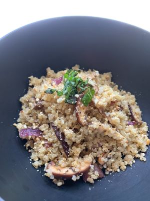 Quinoa & Shiitake Mushrooms “Risotto” with Red Onions, Basil, and Cashew Parmesan. at Plant Rich Vegan in Wellington