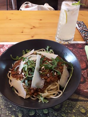 Lentil Bolognese Pasta and Lemonade at Moss in Sao Bras De Alportel
