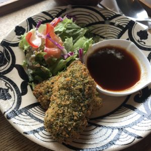 Fried gluten "mock oyster"  at Teru Cafe in Tokyo