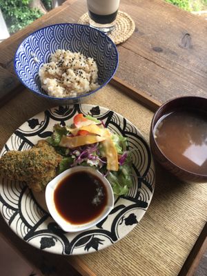 Fried gluten "mock oyster" set 1300 yen  at Teru Cafe in Tokyo