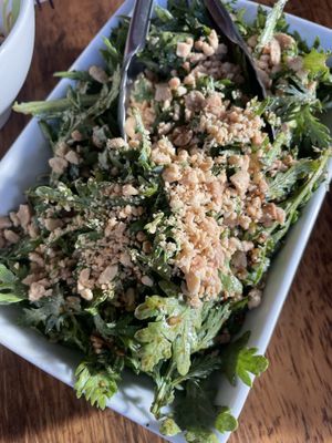 Chrysanthemum salad —so yum  at Plenty of Clouds in Seattle