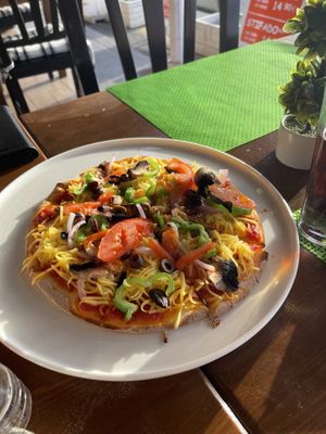 Gluten free pizza with ”normal” vegan cheese  at Orexi in Rhodes