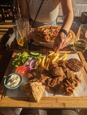 Vegan pizza and Mixed Vegan Plate at Orexi in Rhodes