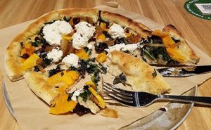 Butternut squash pizza... Almond ricotta was great but the mix of taste and textures didn't work for me, and it was difficult to cut or eat by hand at True Food Kitchen in Annapolis