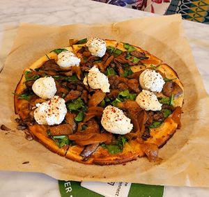 Vegan mozzarella on my vegan and gluten-free pizza   at True Food Kitchen in Annapolis