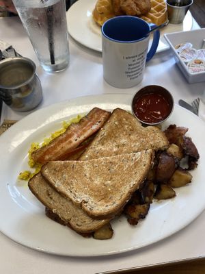 all of this plus 2 giant pancakes for $15! couldn’t eat it all haha  at Donut Villa Diner in Cambridge