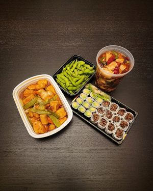 General Tso's Tofu, Edamame, Avocado Rolls, Shiitake Mushroom Rolls, Ma Po Tofu at Mojo in Lititz